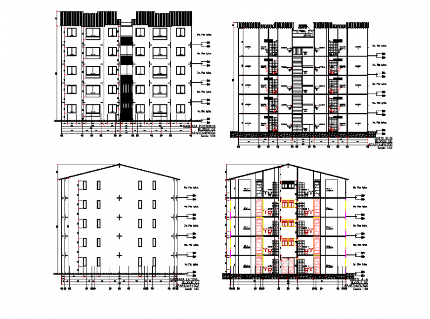 Elevation and section multi house plan autocad file