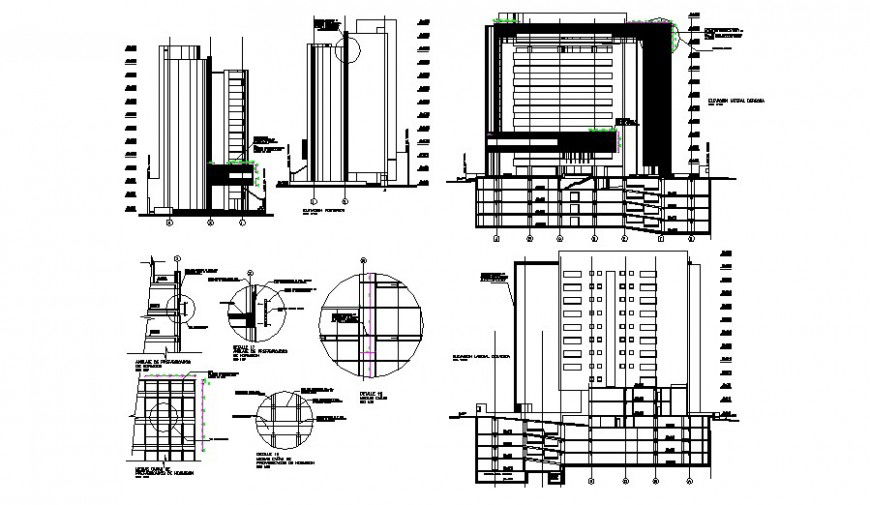 Elevation and section multi story commercial building plan layout file