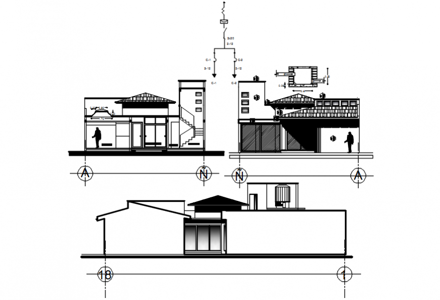 Elevation and section of a house dwg file
