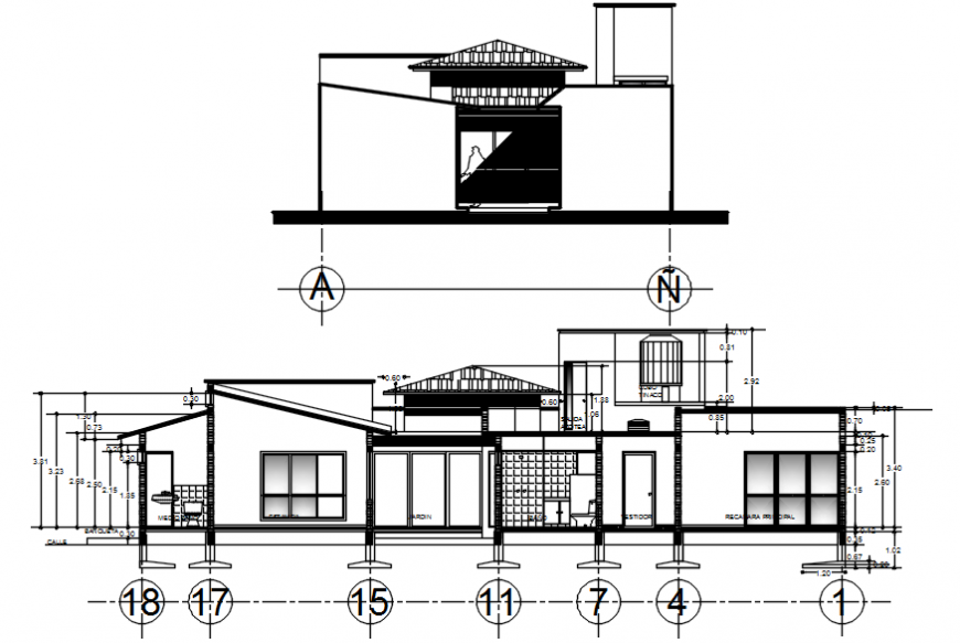 Elevation and section of a residential building dwg file