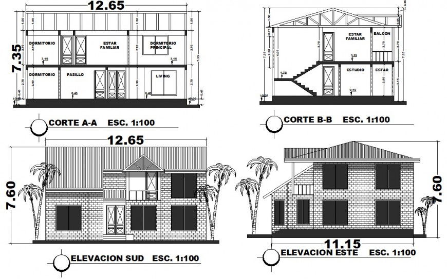Elevation and section of apartment drawings 2d view dwg file