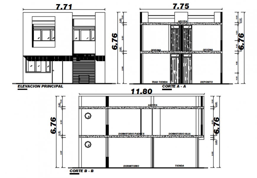 Elevation and section of apartment dwg autocad software file