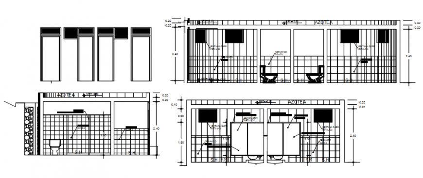 Elevation and section of bathroom for sport area in auto cad