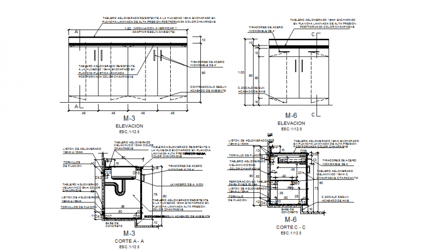 Elevation and section of different of furniture in auto cad