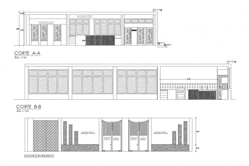 Elevation and section of kitchen area 2d view layout file in dwg format