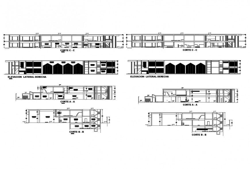 Elevation and section of restaurant building 2d view autocad file