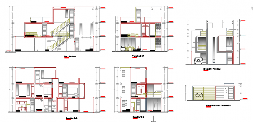 Elevation and section of Single family housing project design drawing