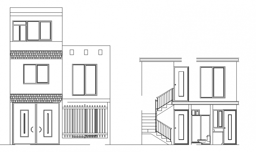 Elevation and section one BHK house plan