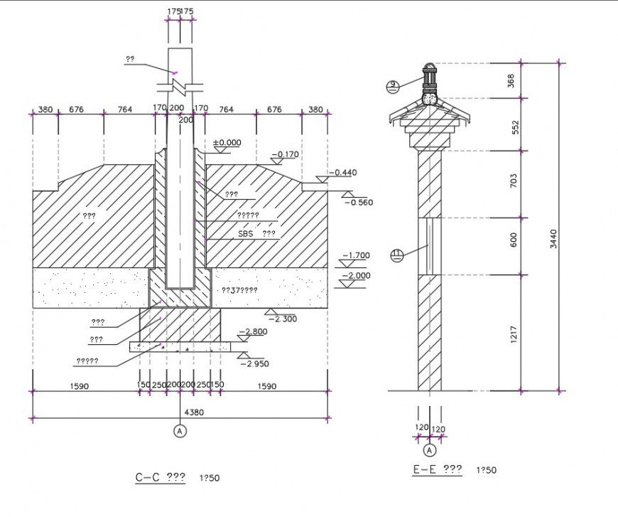 Elevation and section pillar plan autocad file
