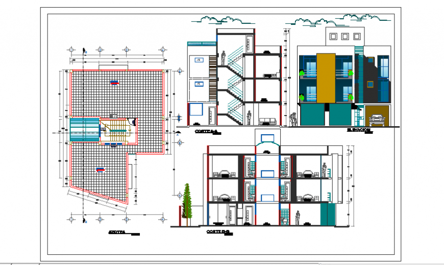 Elevation and section plan design of living place design drawing