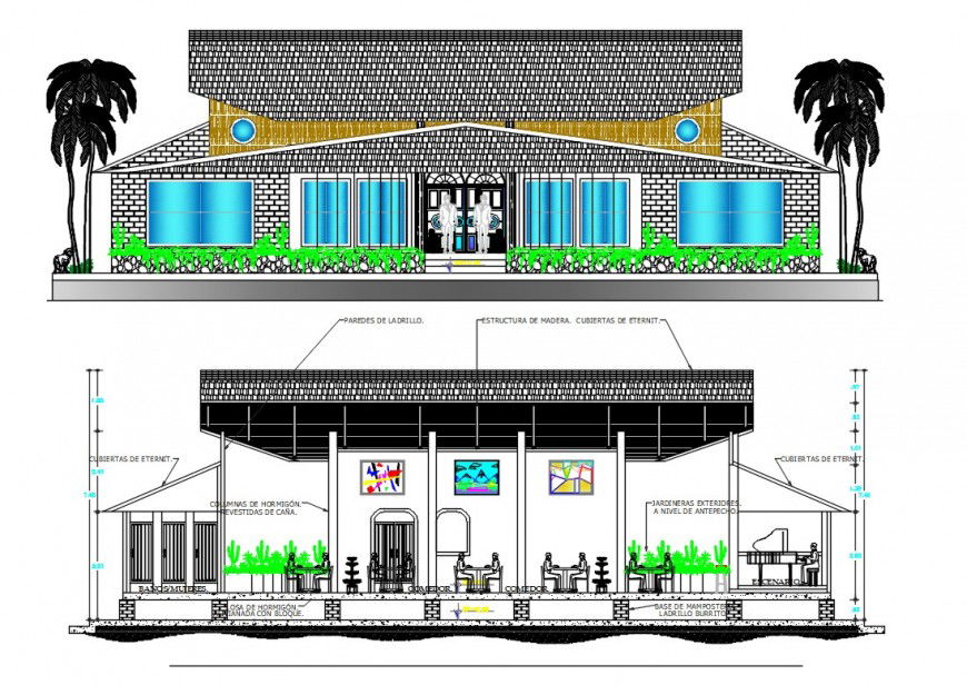 elevation and section plan restaurant project detail cad file