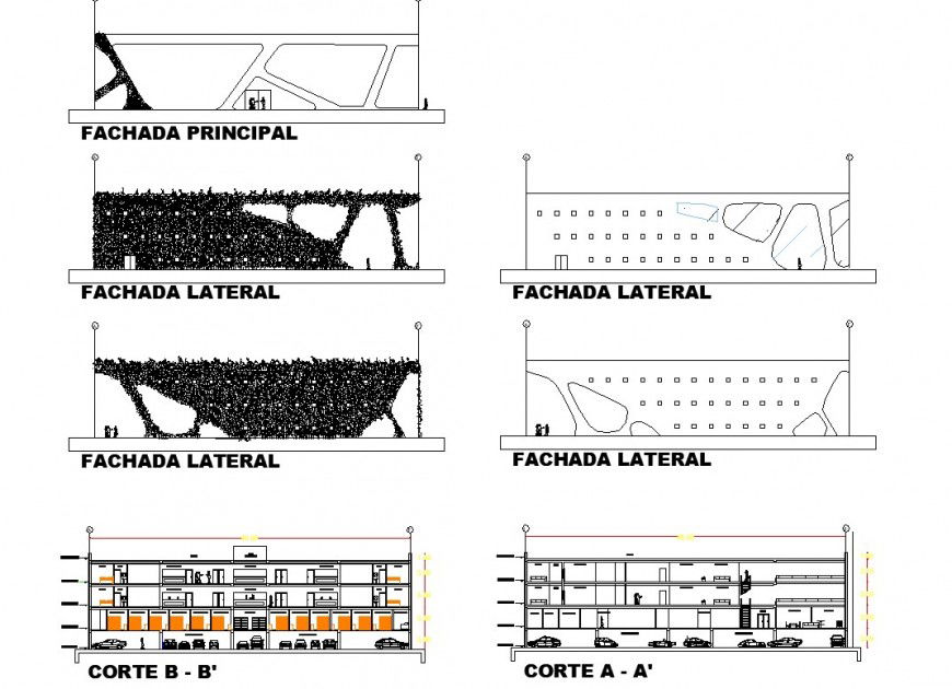 Elevation and section private hospital layout file