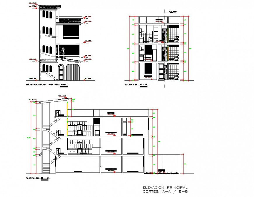 Elevation and section row-house planning detail dwg file