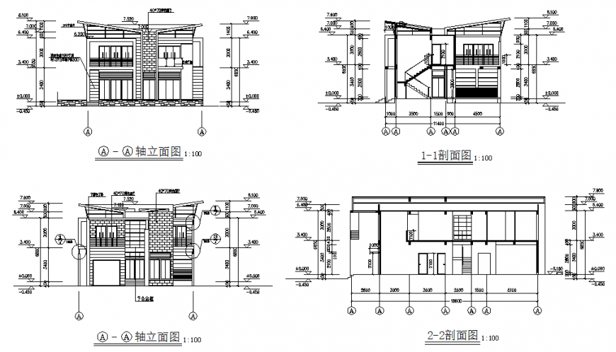 Elevation and section row house plan layout file