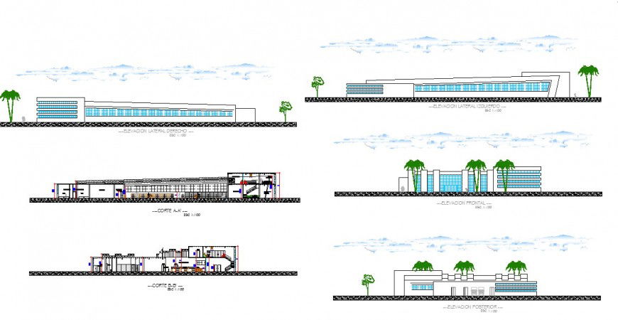 Elevation and section shopping center plan autocad file