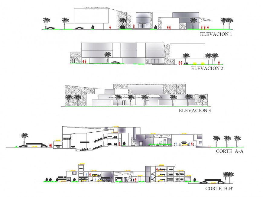 Elevation and section shopping mall plan dwg file