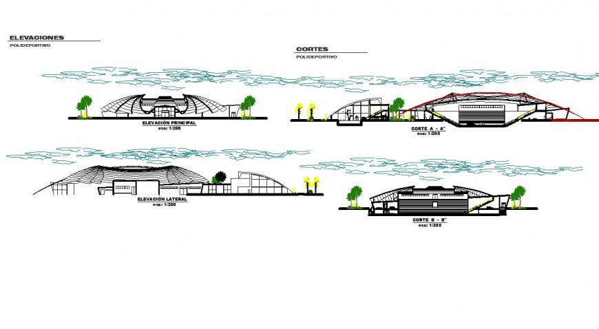 Elevation and section sport centre plan detail dwg file