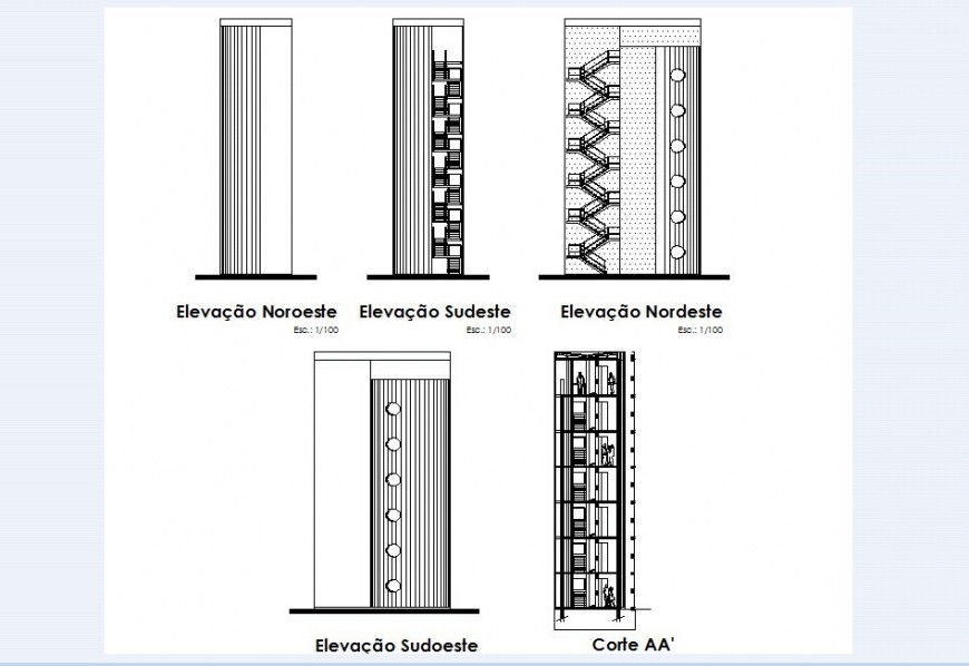 Elevation and section view of airport tower area in auto cad file