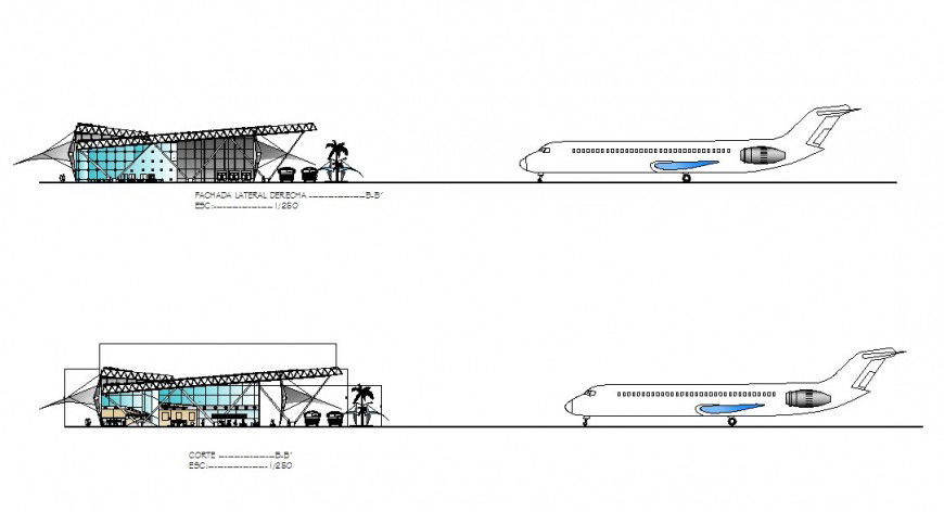 Elevation and section view of airport with airplane in autocad