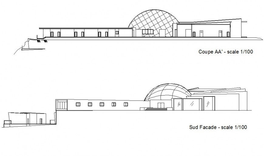 Elevation and section view of designer hotel in auto cad file