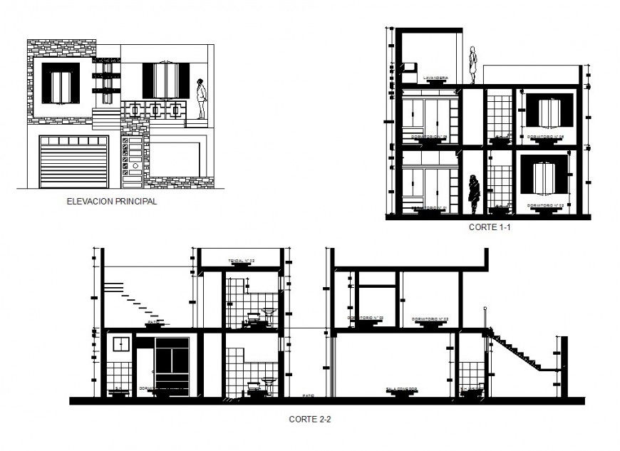 Elevation and section view of residence area in auto cad file