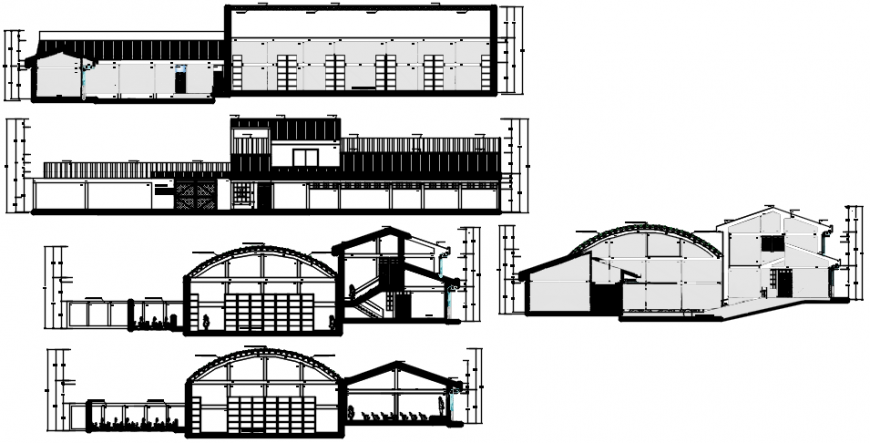 Elevation and section view with different axis of ware house in AutoCAD