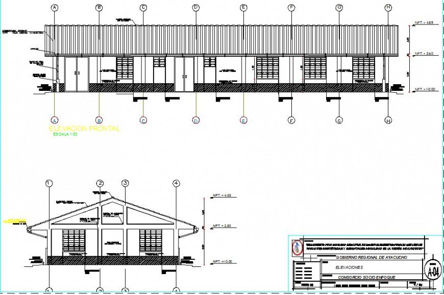Elevation and section workshop commercial building plan autocad file
