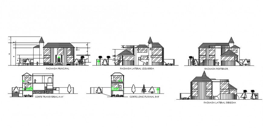 Elevation and sectional detail of a bungalow dwg file