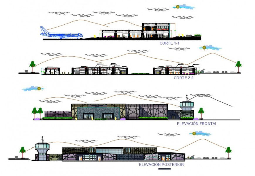 Elevation and sectional detail of airport terminal building 2d view autocad file