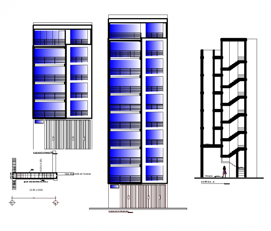 Elevation and sectional detail of apartment architecture design dwg file