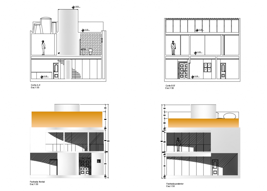 Elevation and sectional detail of apartment autocad file