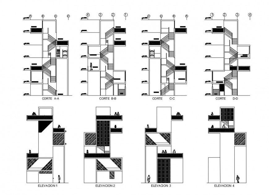 Elevation and sectional detail of apartment block layout file in autocad format