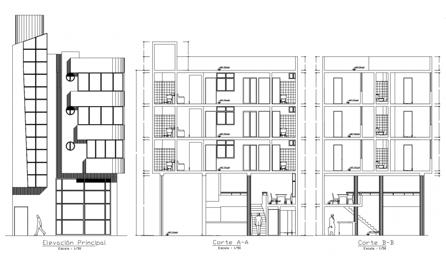 Elevation and sectional detail of apartment dwg file