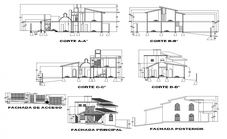Elevation and sectional detail of bungalow 2d view autocad file