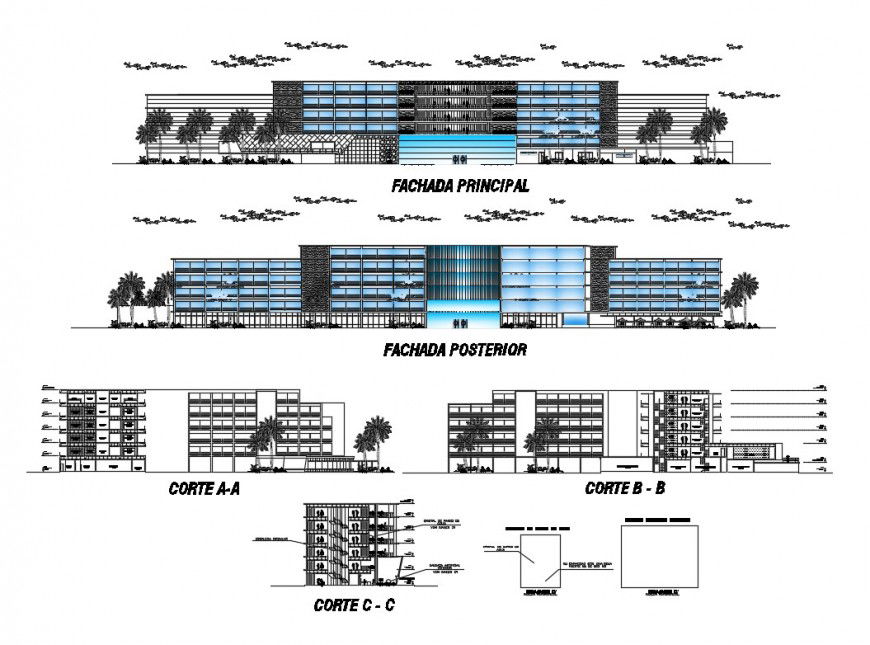 Elevation and sectional detail of commerce building 2d view layout file in dwg format