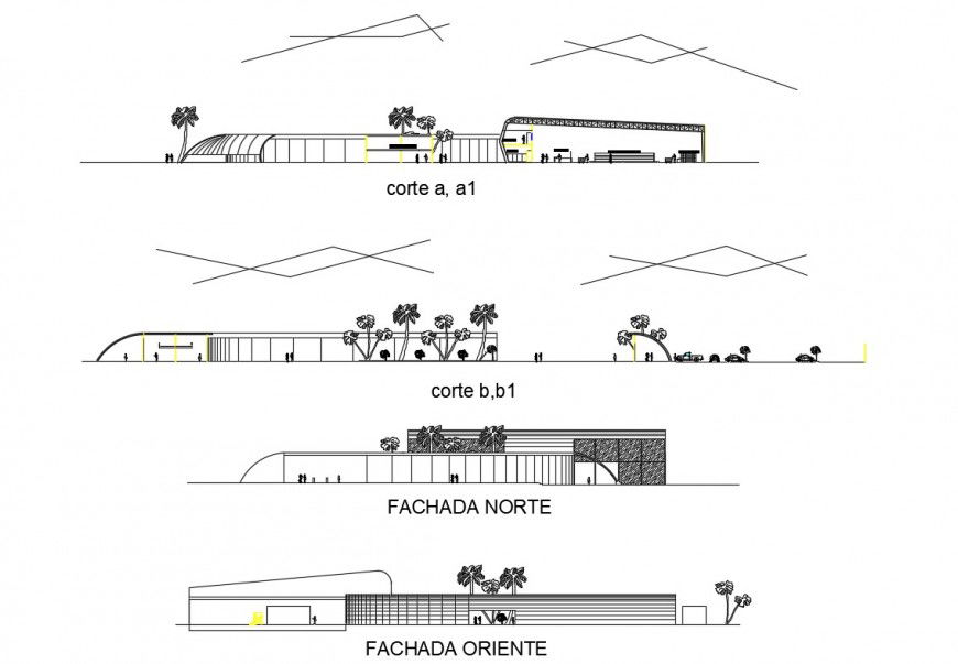 Elevation and sectional detail of commercial building 2d view autocad file