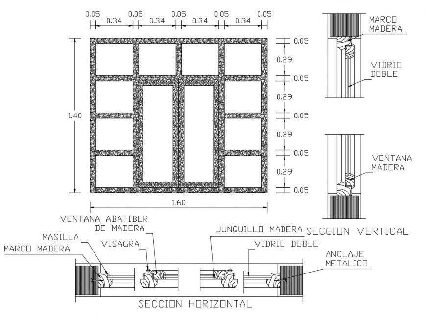 Elevation and sectional detail of construction unit autocad file