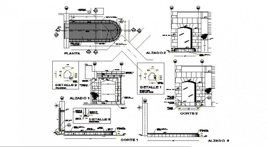 Elevation and sectional detail of fireplace drawing in autocad format