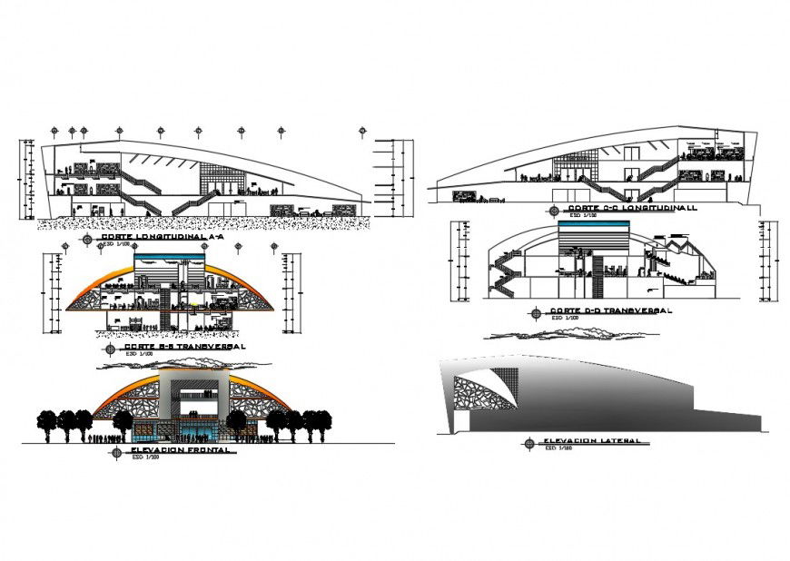 Elevation and sectional detail of hotel building 2d view CAD block autocad file