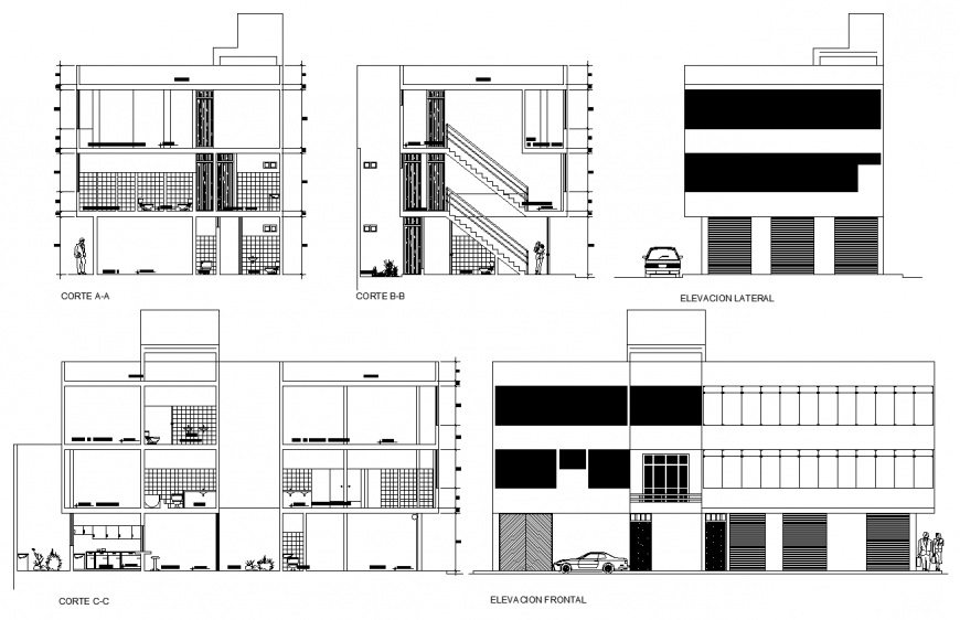 Elevation and sectional detail of housing block autocad file
