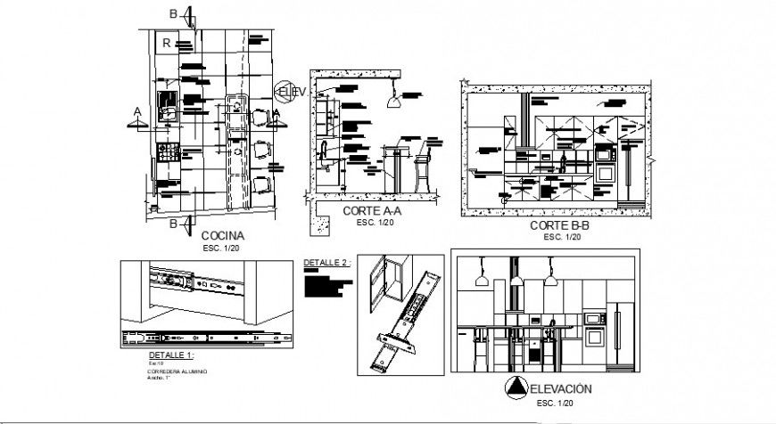 Elevation and sectional detail of kitchen construction layout dwg file