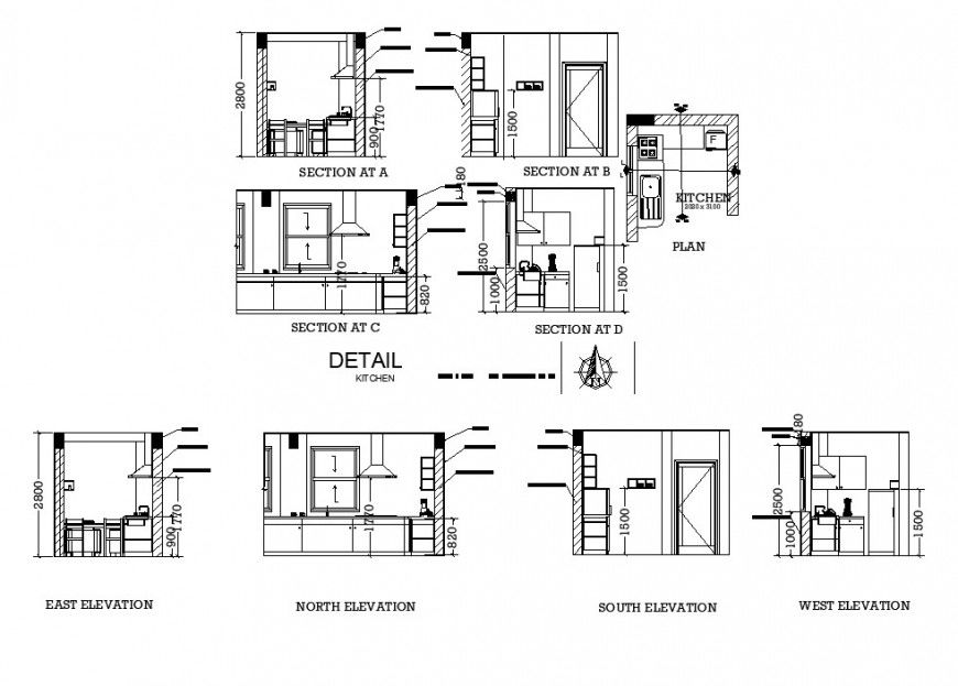 Elevation and sectional detail of kitchen layout CAD structure autocad file