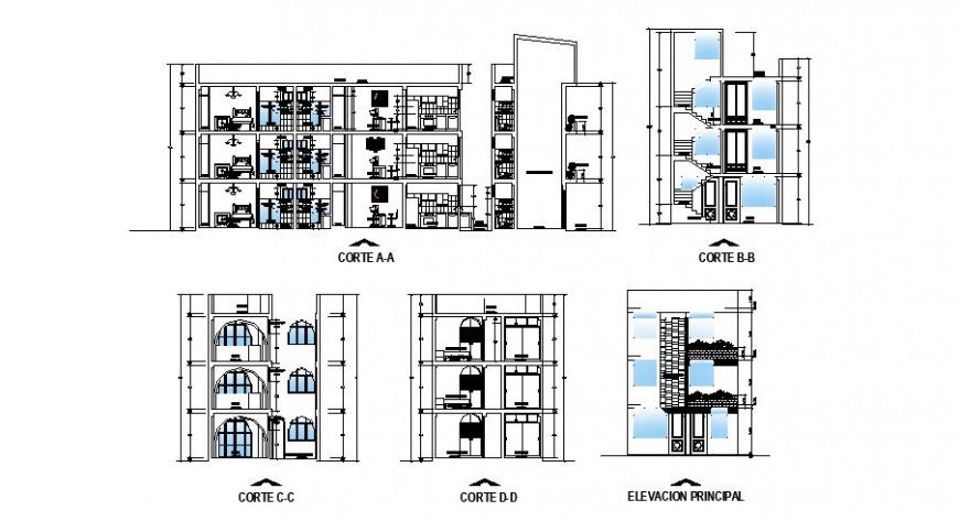 Elevation and sectional detail of residential apartment 2d view autocad file