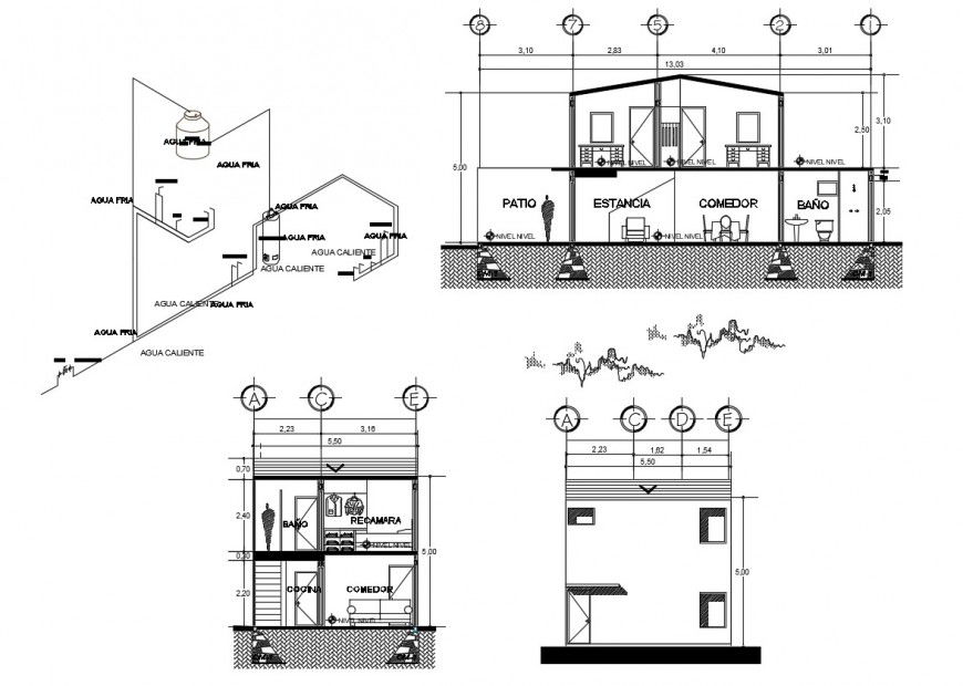 Elevation and sectional detail of residential apartment autocad file