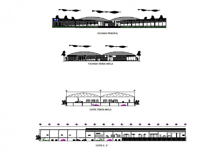 Elevation and sectional detail of shopping center building 2d view autocad file