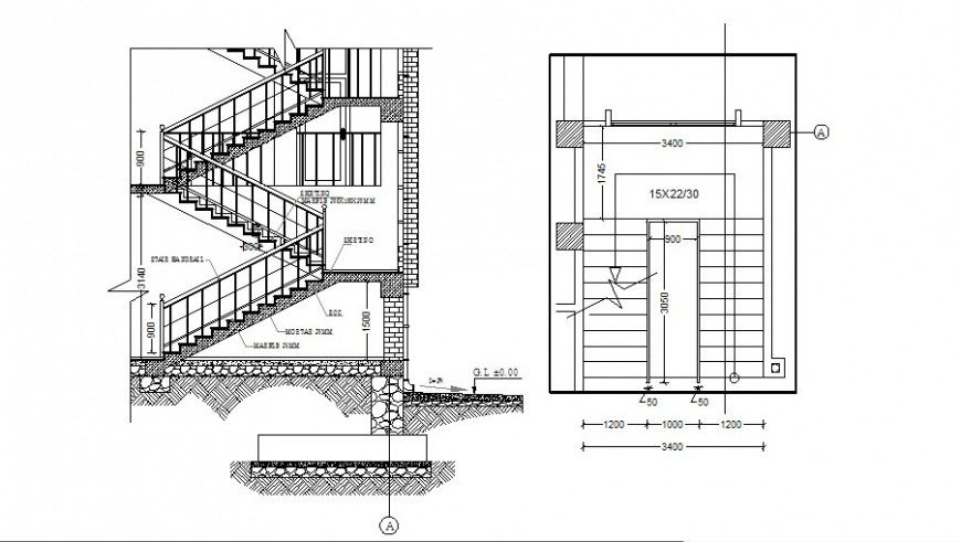 Elevation and sectional detail of stairway autocad