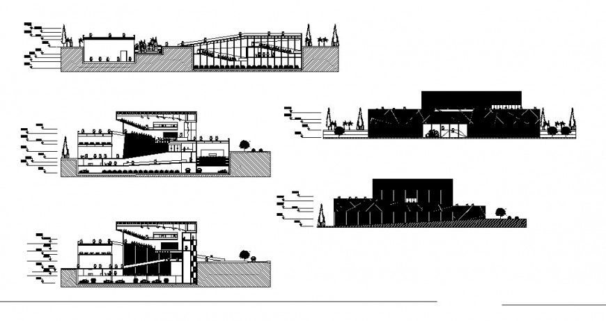 Elevation and sectional detail of theater building block 2d view CAD construction unit dwg file