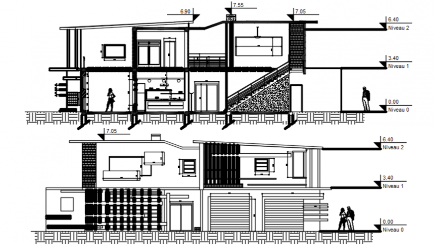 Elevation and sectional details of apartment 2d view autocad file