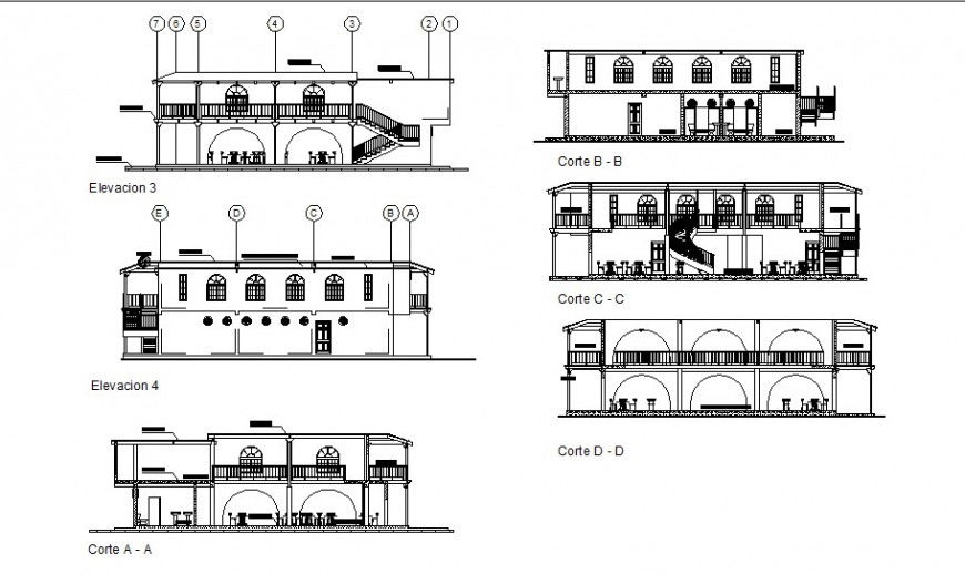 Elevation and sectional details of hotel building dwg file