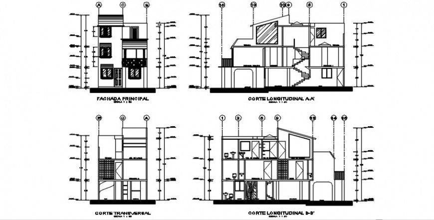 Elevation and sectional details of house autocad software file